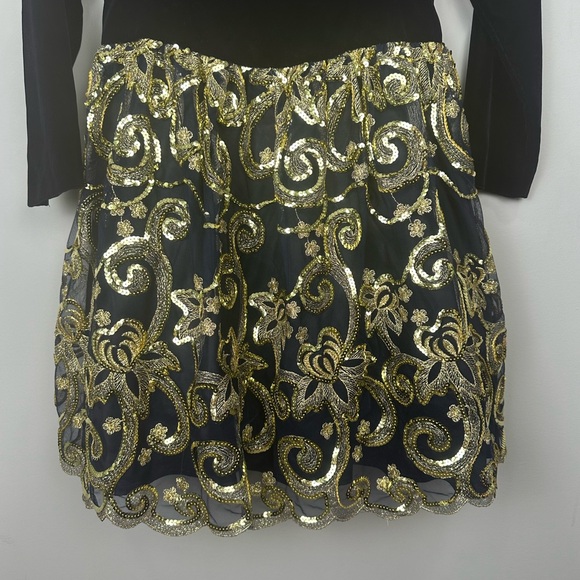 Jessica McClintock Navy Velvet Gold Sequins Long Sleeve Vintage Dress Size 4 - Picture 4 of 11